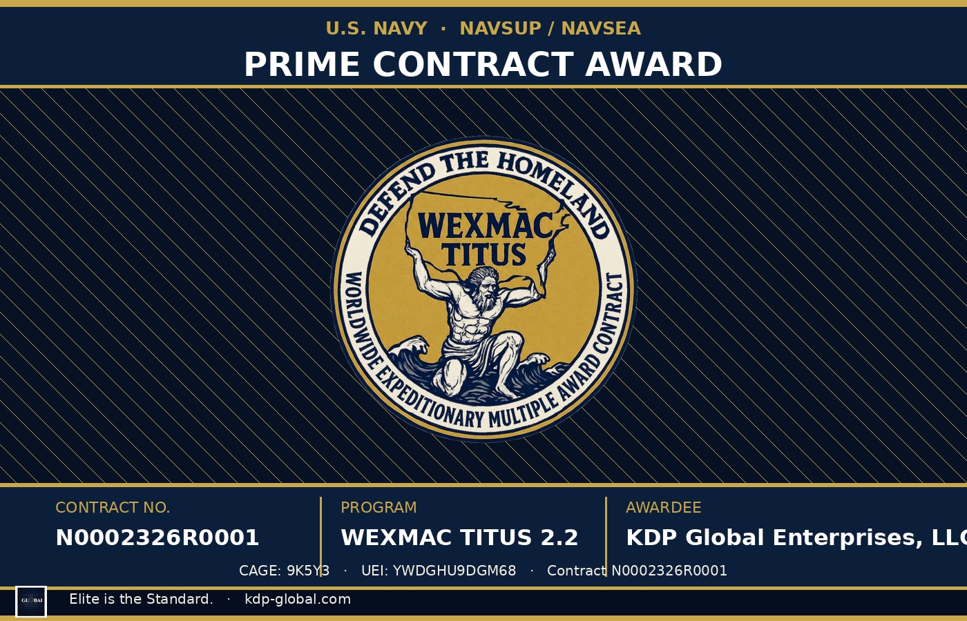 U.S. Navy Prime Contract Award certificate with WEXMAC TITUS logo and awardee KDP Global Enterprises, LLC.