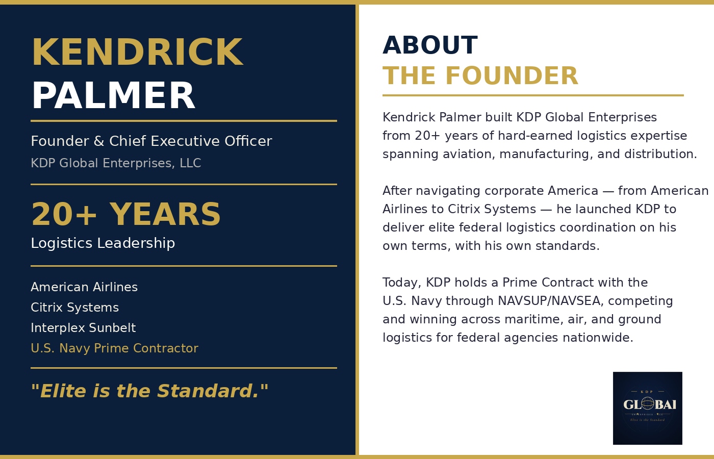 Text about Kendrick Palmer, founder of KDP Global Enterprises, with company details and achievements, on a blue and white background.