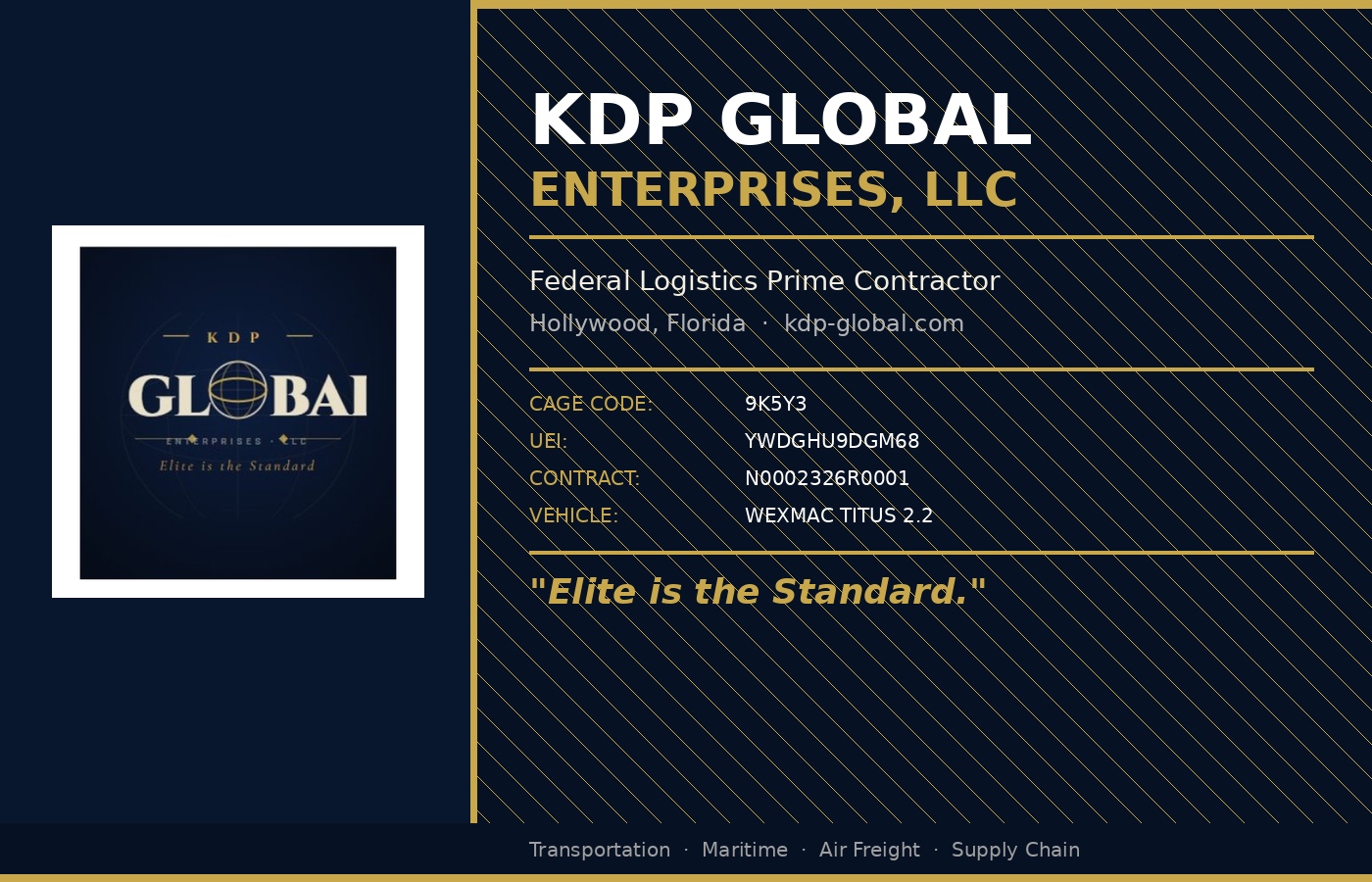 Business card for KDP Global Enterprises, LLC, with company logo, contact info, and tagline.
