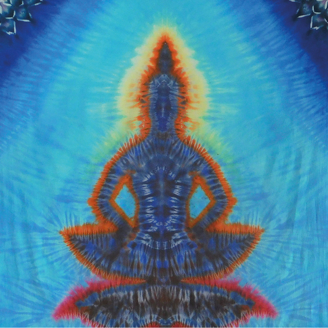 Symmetrical tie-dye pattern with a central figure in blue, orange, and yellow on a blue background.