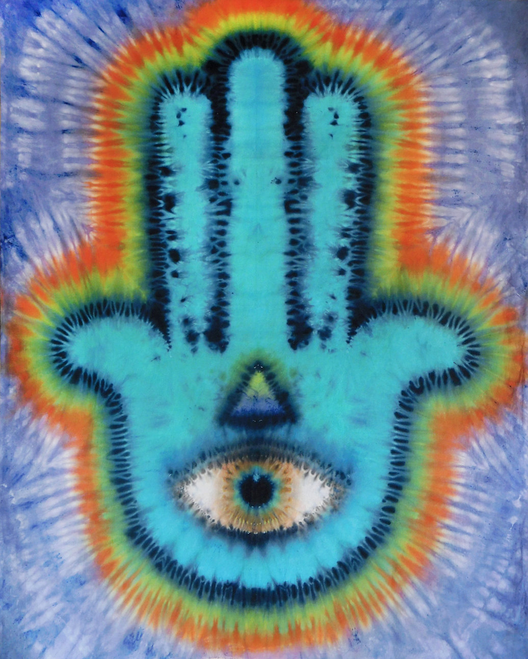 Tie-dye pattern with a hand shape, an eye at the palm, and a rainbow border.