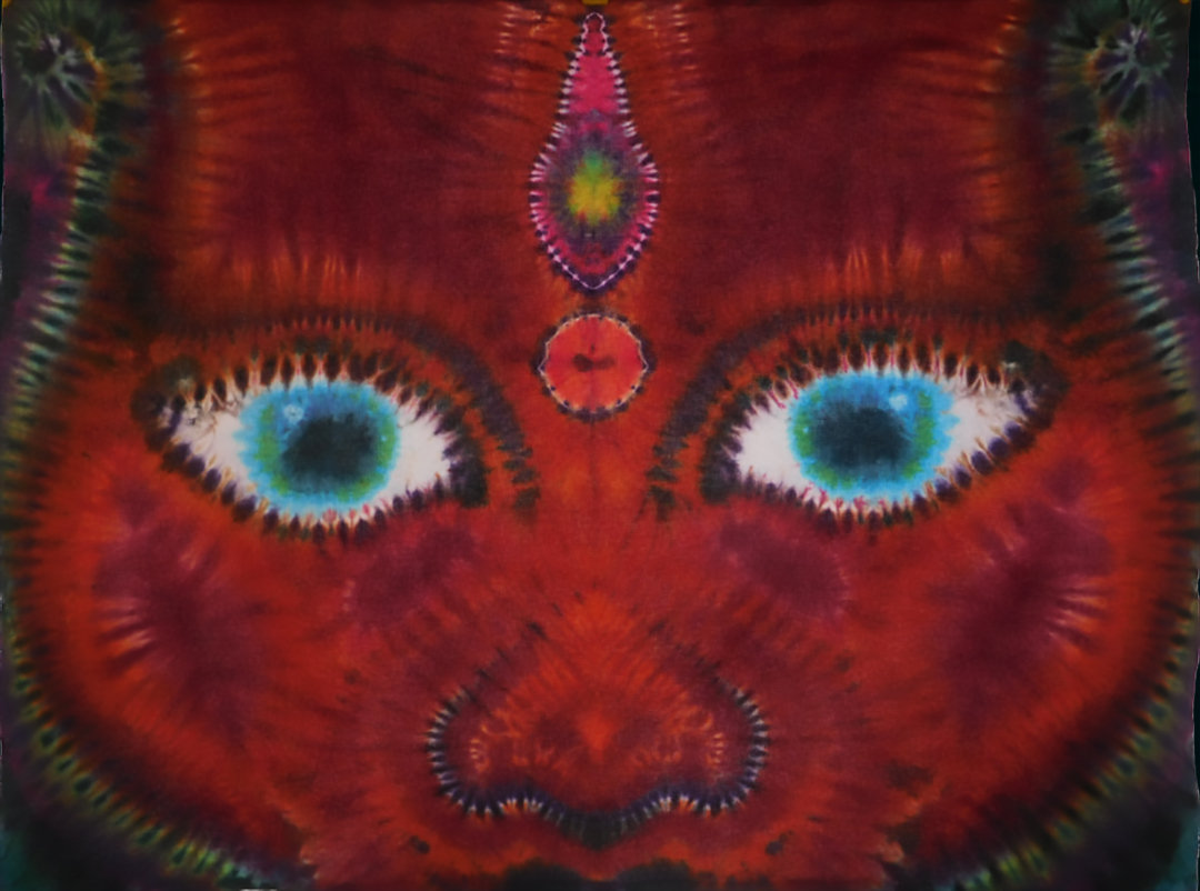 Close-up of a colorful, tie-dye fabric with a face-like pattern, including eyes, nose, and decorative elements.