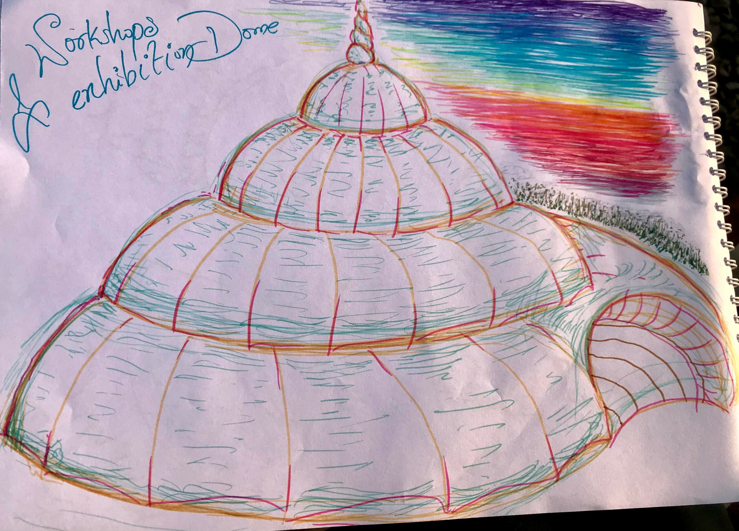 Sketch of a large, multi-tiered dome structure with a rainbow-colored sky in the background.