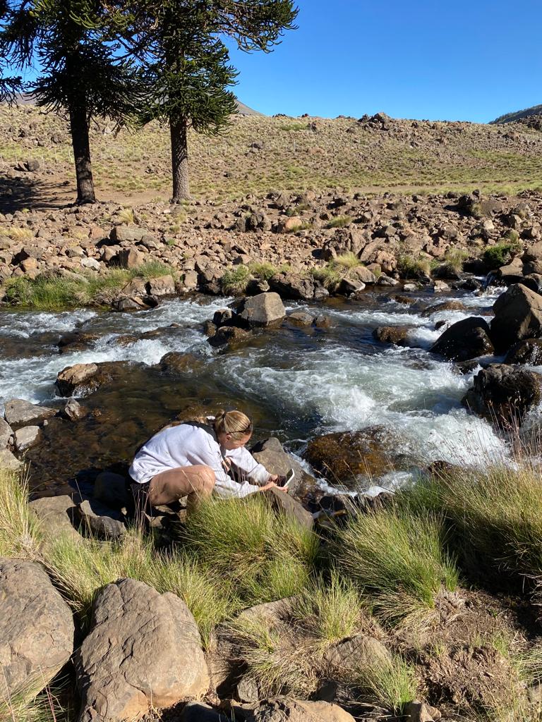 Two people crouching by a river with rocks, grassy area, trees, and a clear blue sky in the background.