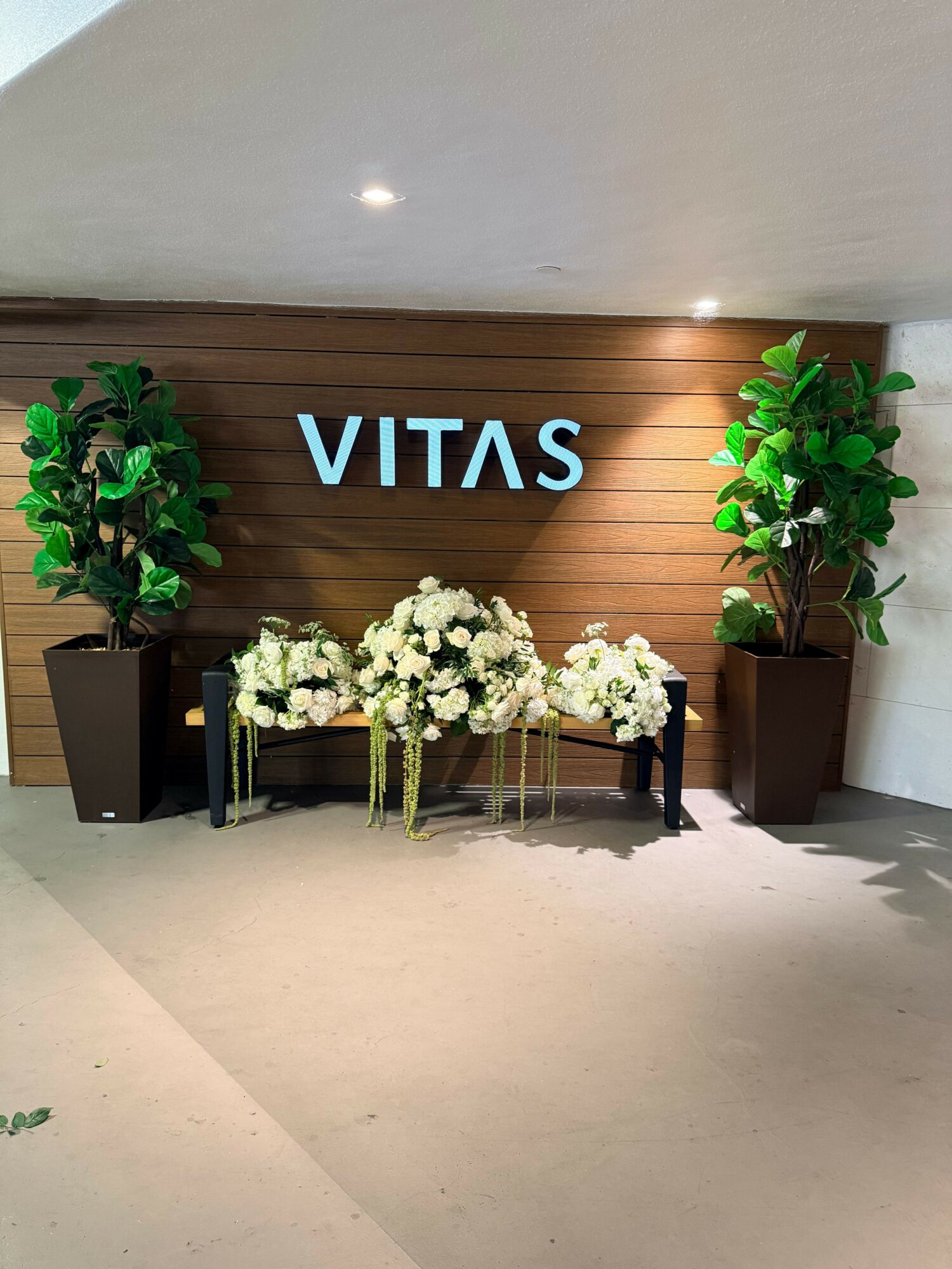 Decorative setup with two large potted plants, a bench with white flowers, and a sign reading 'VITAS' on a wooden wall.