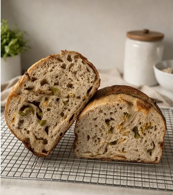 Two halves of a loaf of bread with green and orange bits on a wire rack, kitchen background.