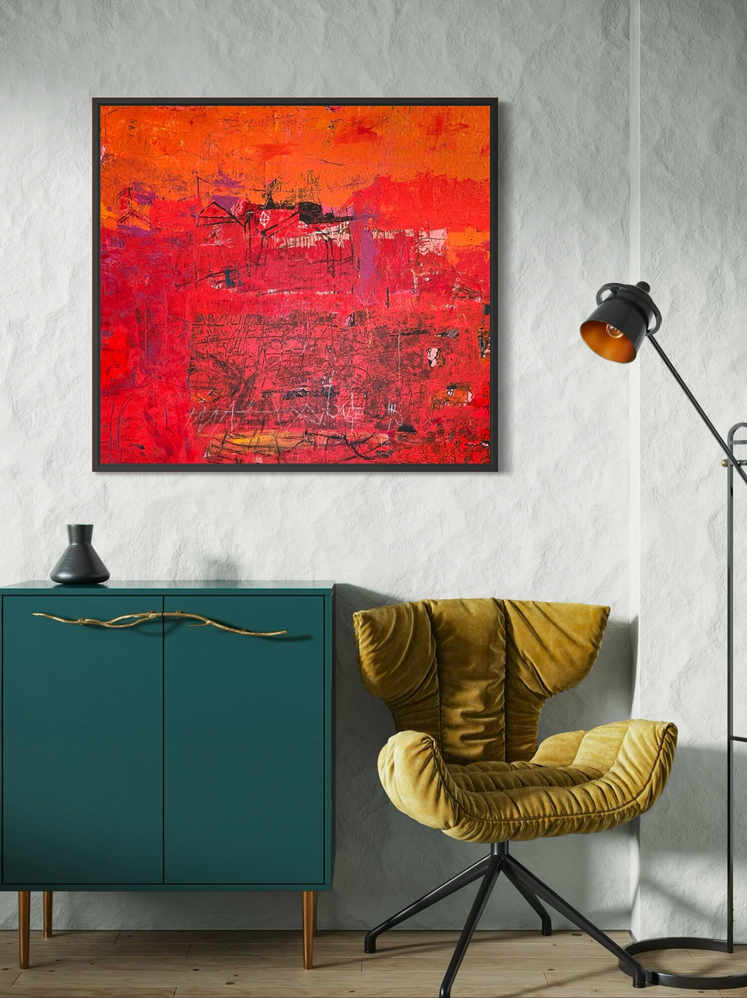 Living room corner with a teal cabinet, mustard velvet chair, wall art, and a floor lamp.