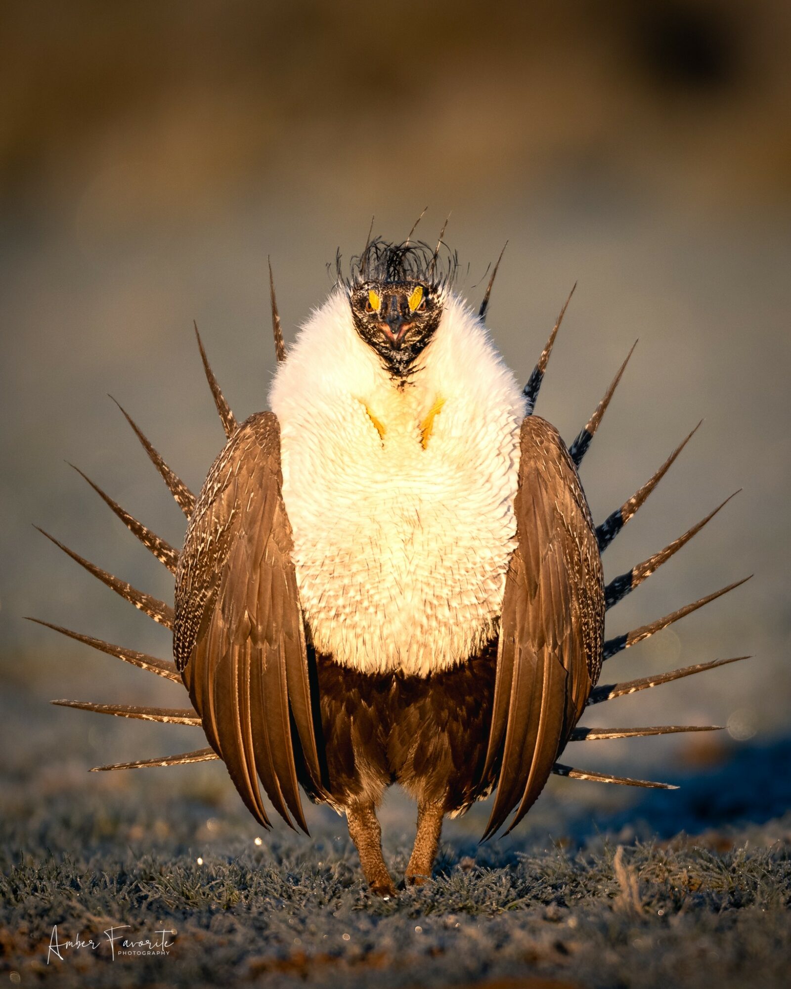 Bird with a white chest, brown wings, and spiky feathers standing on ground, facing forward.