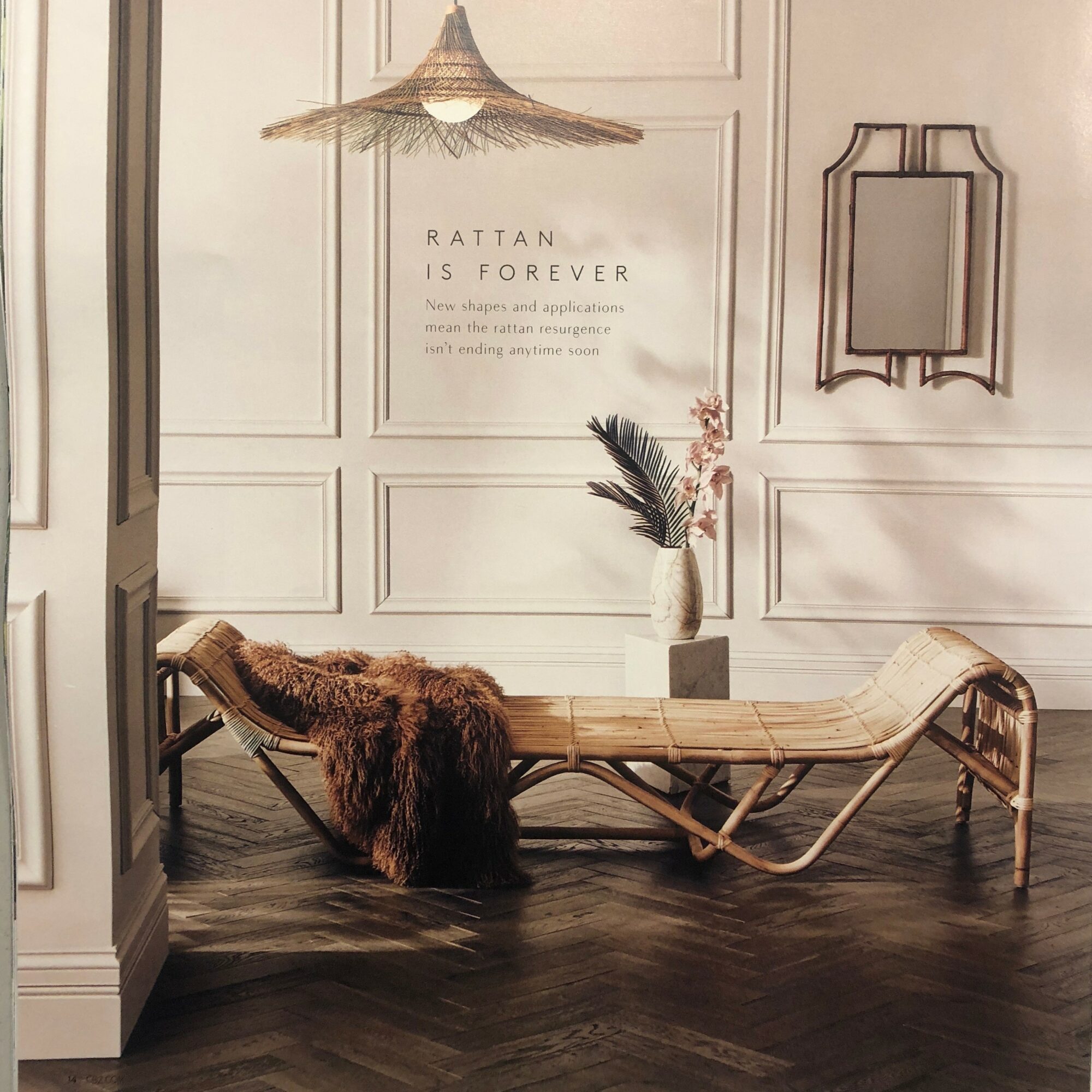 Interior room with a bamboo lounge chair, a fur throw, a vase with flowers, wall art, and a hanging light fixture.