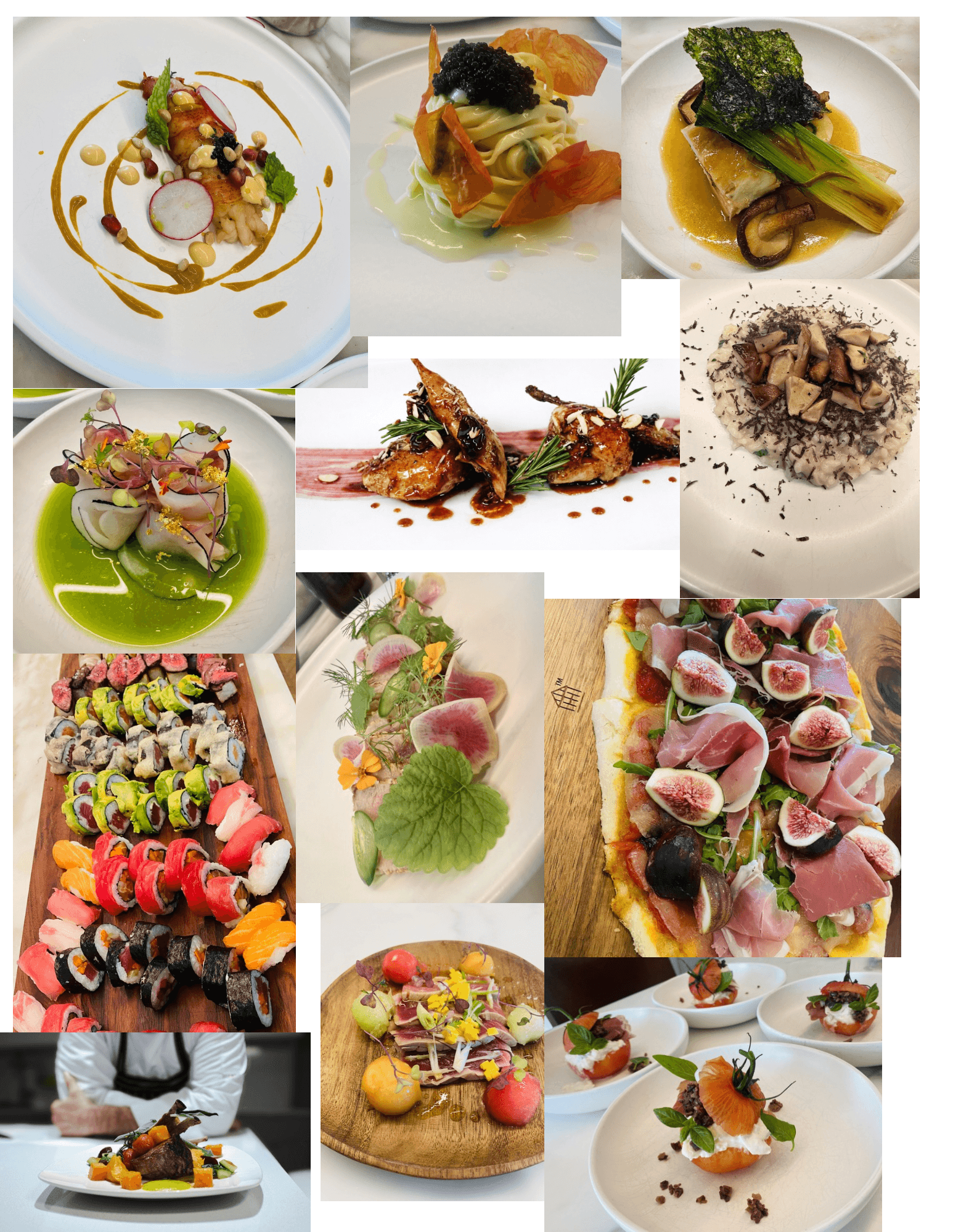 Assorted dishes including sushi, salads, and plated gourmet food on various plates and backgrounds.