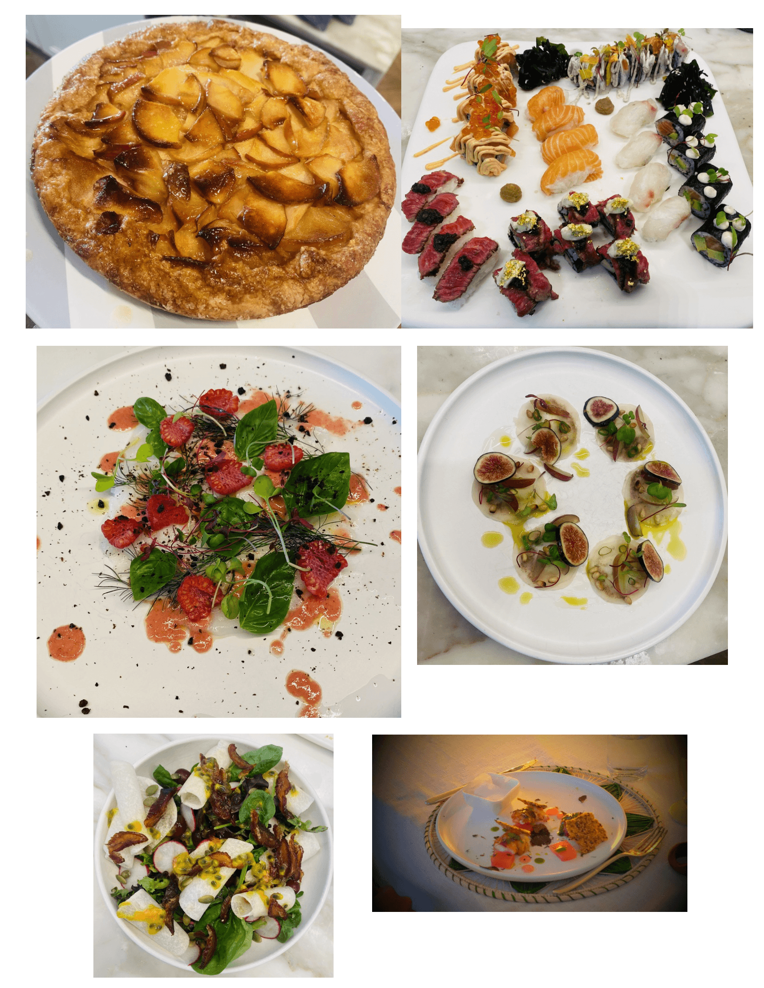 Six images of various dishes including a pie, sushi platter, salad, dessert with figs, another salad, and a plated dish.