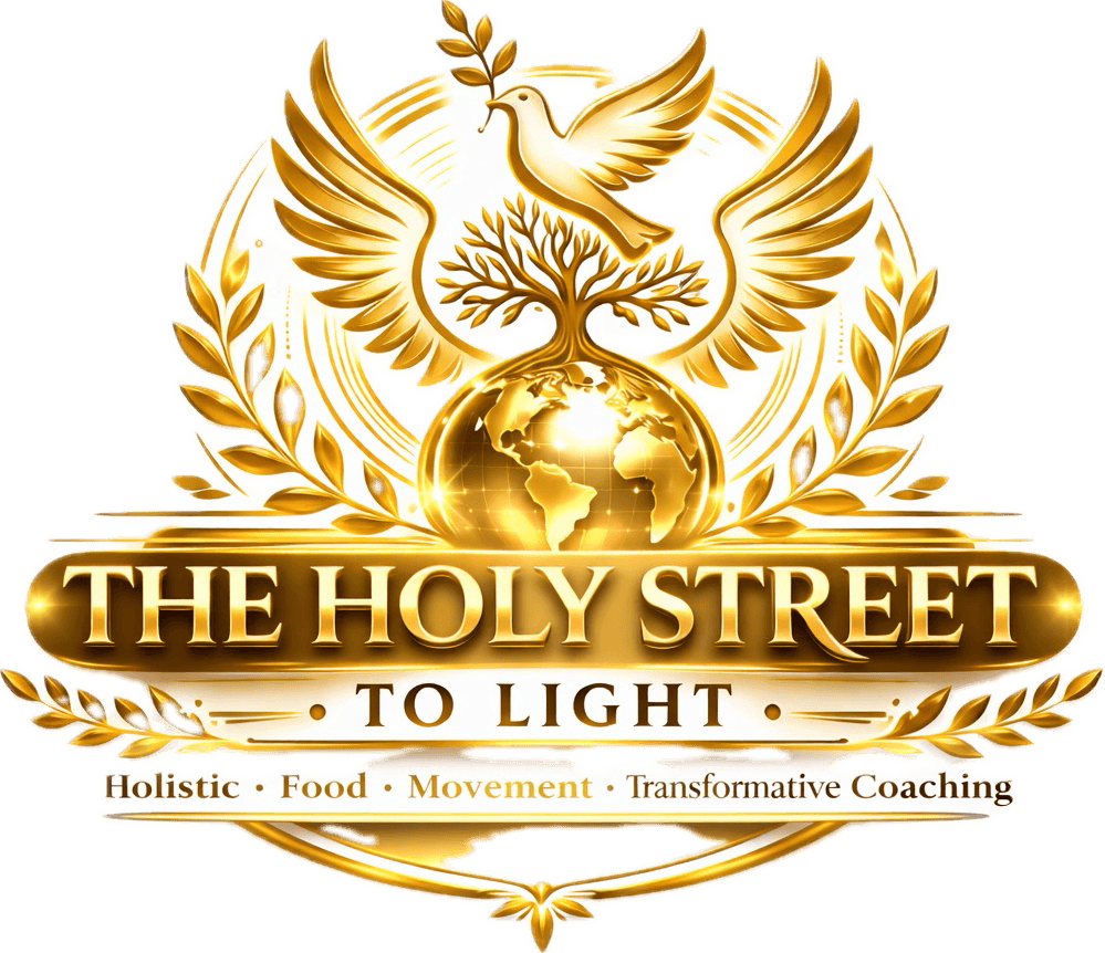 Golden emblem with a dove, tree, globe, and laurel wreath, with text about The Holy Street and holistic coaching.
