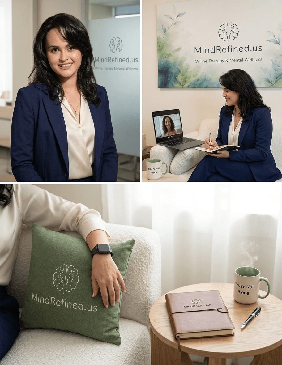 Woman in blue blazer smiling, sitting at desk with laptop, in office setting.
