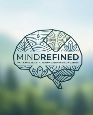 Logo with a stylized brain outline, trees, and water, with text about mental wellness and root causes.