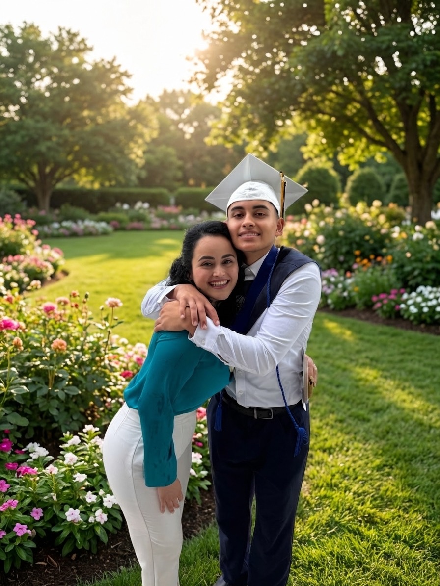 Graduate in cap and gown hugging a woman in a garden with flowers and trees.