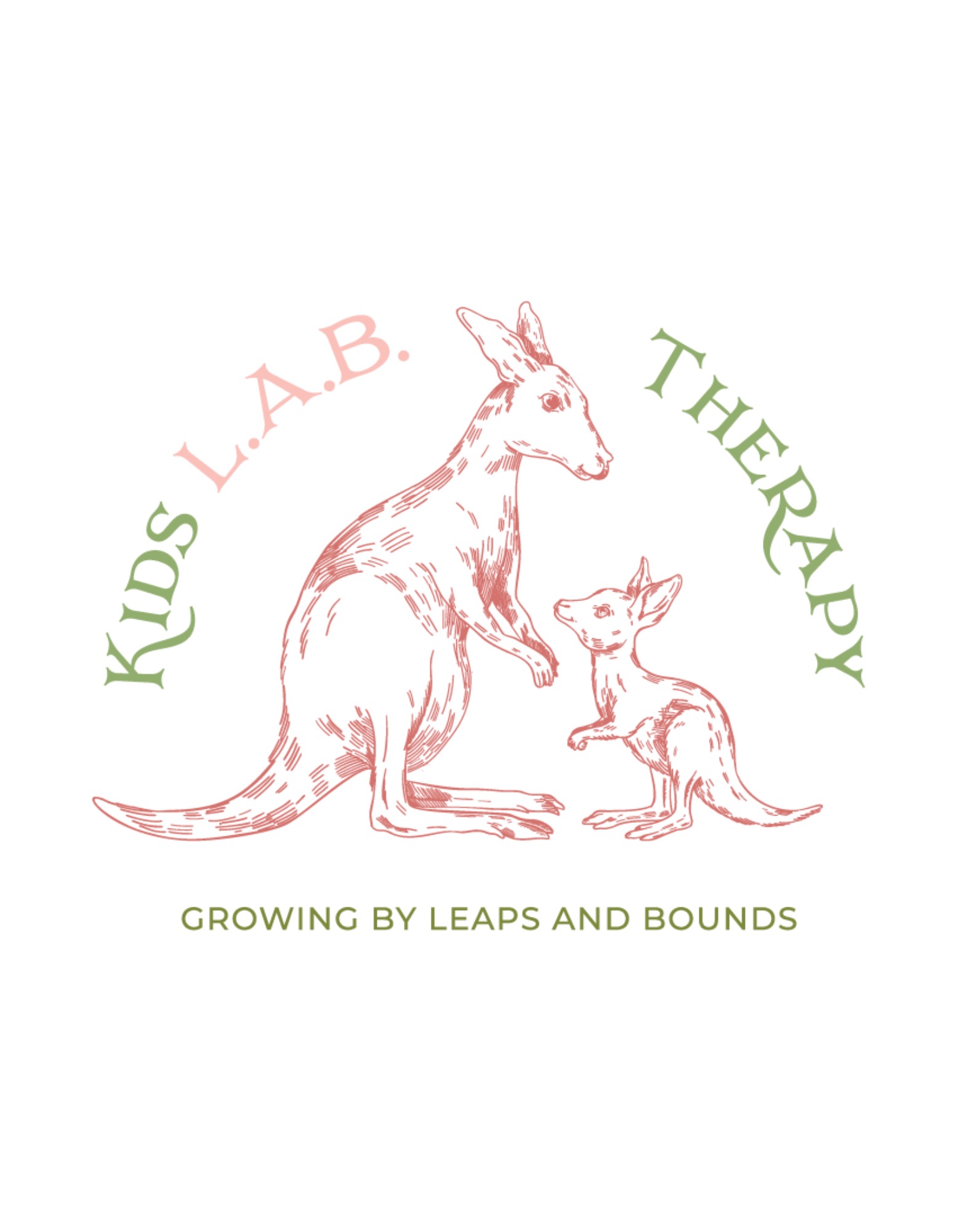 Illustration of a kangaroo and a smaller animal, with text about kids' therapy and growth.