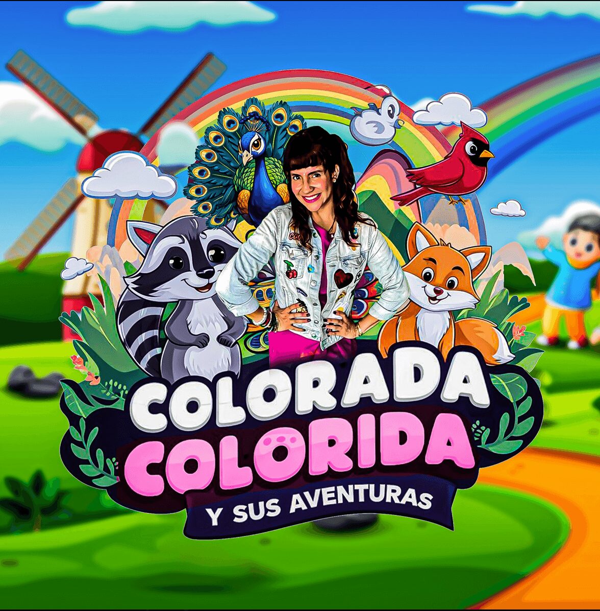 Colorful cartoon scene with a woman, animals, rainbow, windmill, and children in a vibrant outdoor setting.