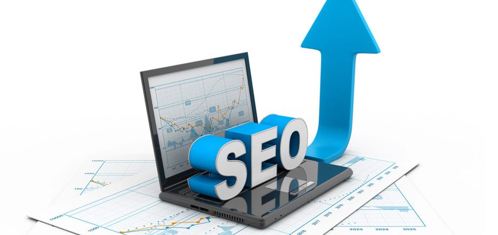 Laptop with SEO text, arrow pointing upward, and charts on background, symbolizing growth and online optimization.