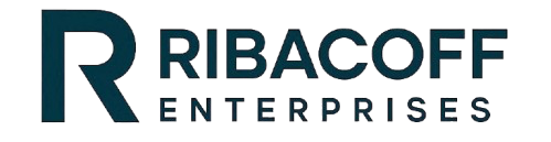 Logo with a large blue letter R and the words RIBACOFF ENTERPRISES in blue on a black background.