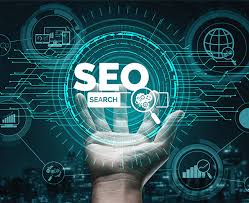 Hand holding digital interface with SEO, search, and technology icons in a futuristic style.