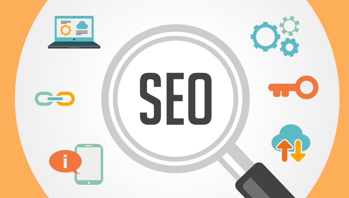 Magnifying glass with 'SEO' in center, surrounded by icons of laptop, gears, key, cloud upload, mobile, link, and info.