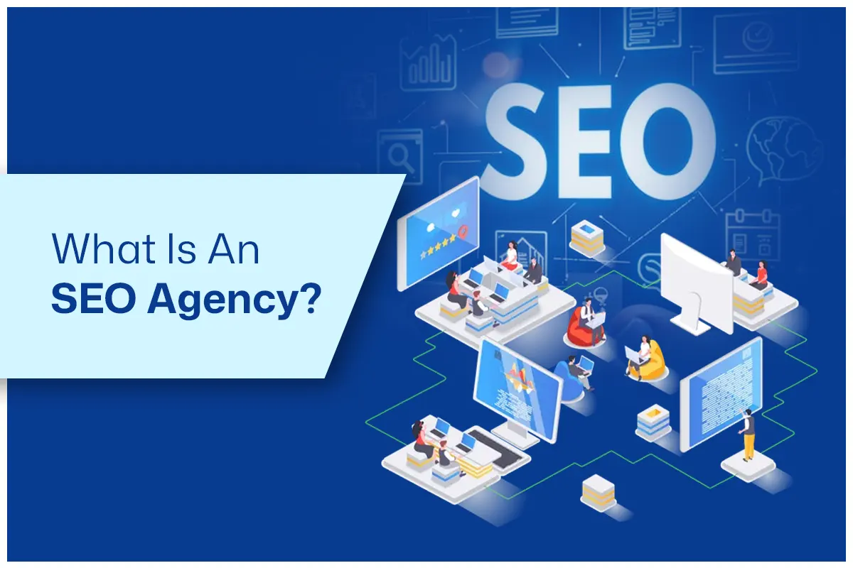Digital illustration of SEO agency with computers, charts, and people working on digital marketing strategies.