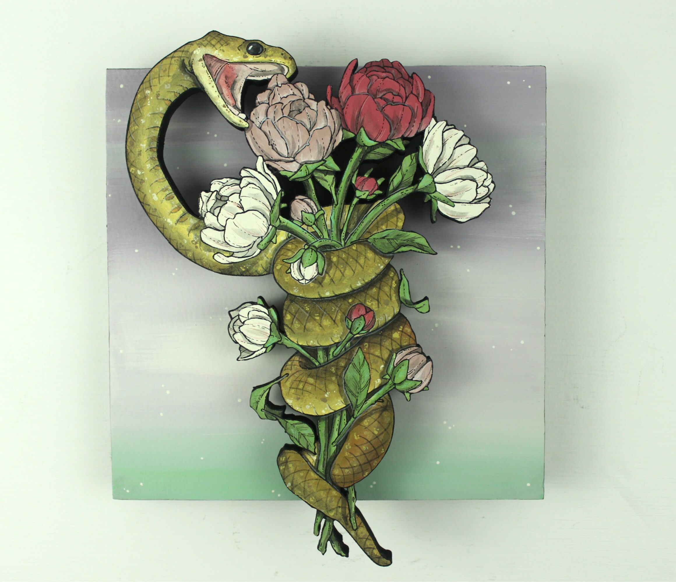 Snake with open mouth wrapped around a bouquet of various colored roses in a vase.