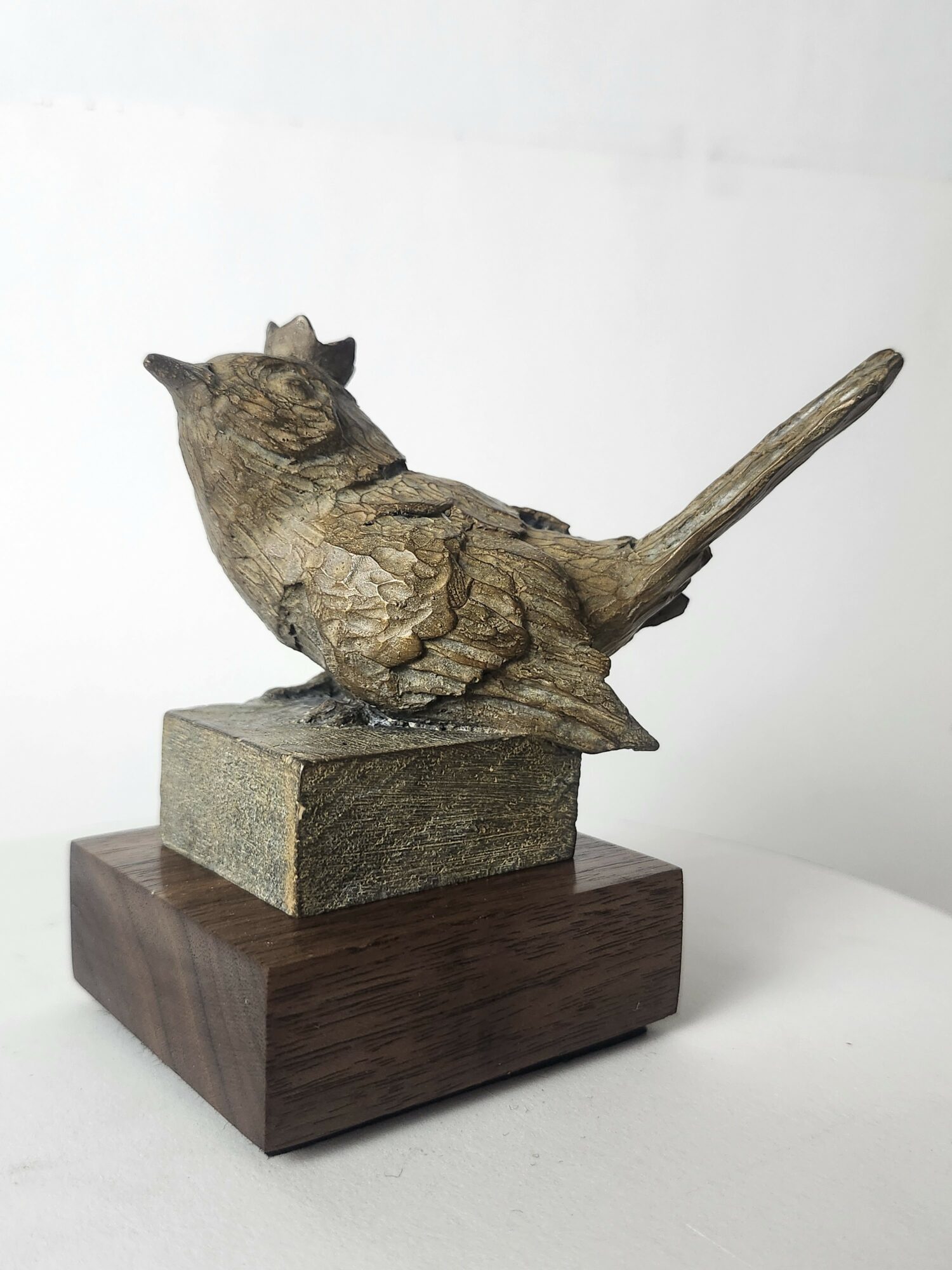 Wooden sculpture of a bird perched on a rectangular base, with a textured body and tail, on a wooden platform.