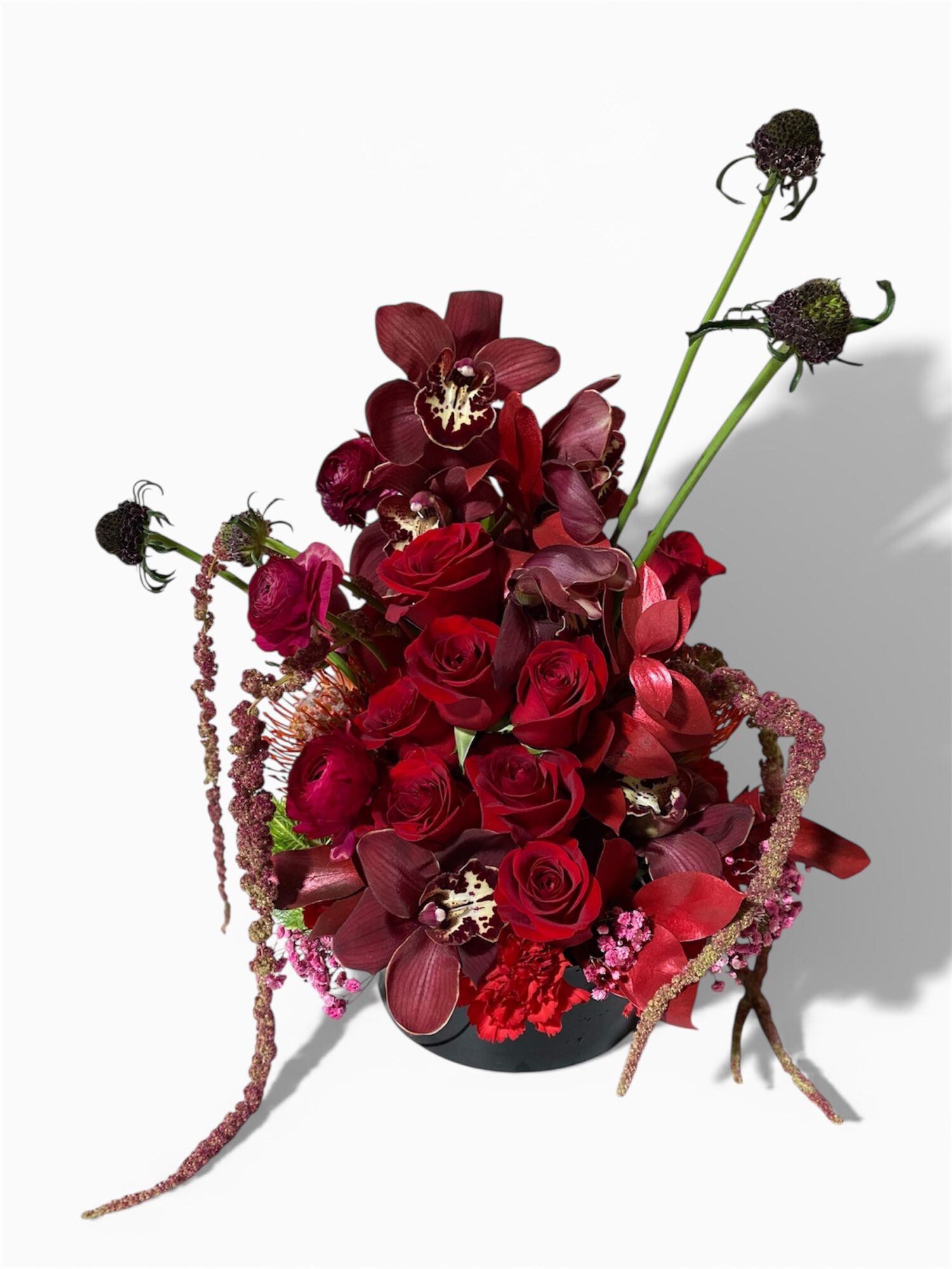Arrangement of red and burgundy flowers with green stems in a black container, casting a shadow on a white background.