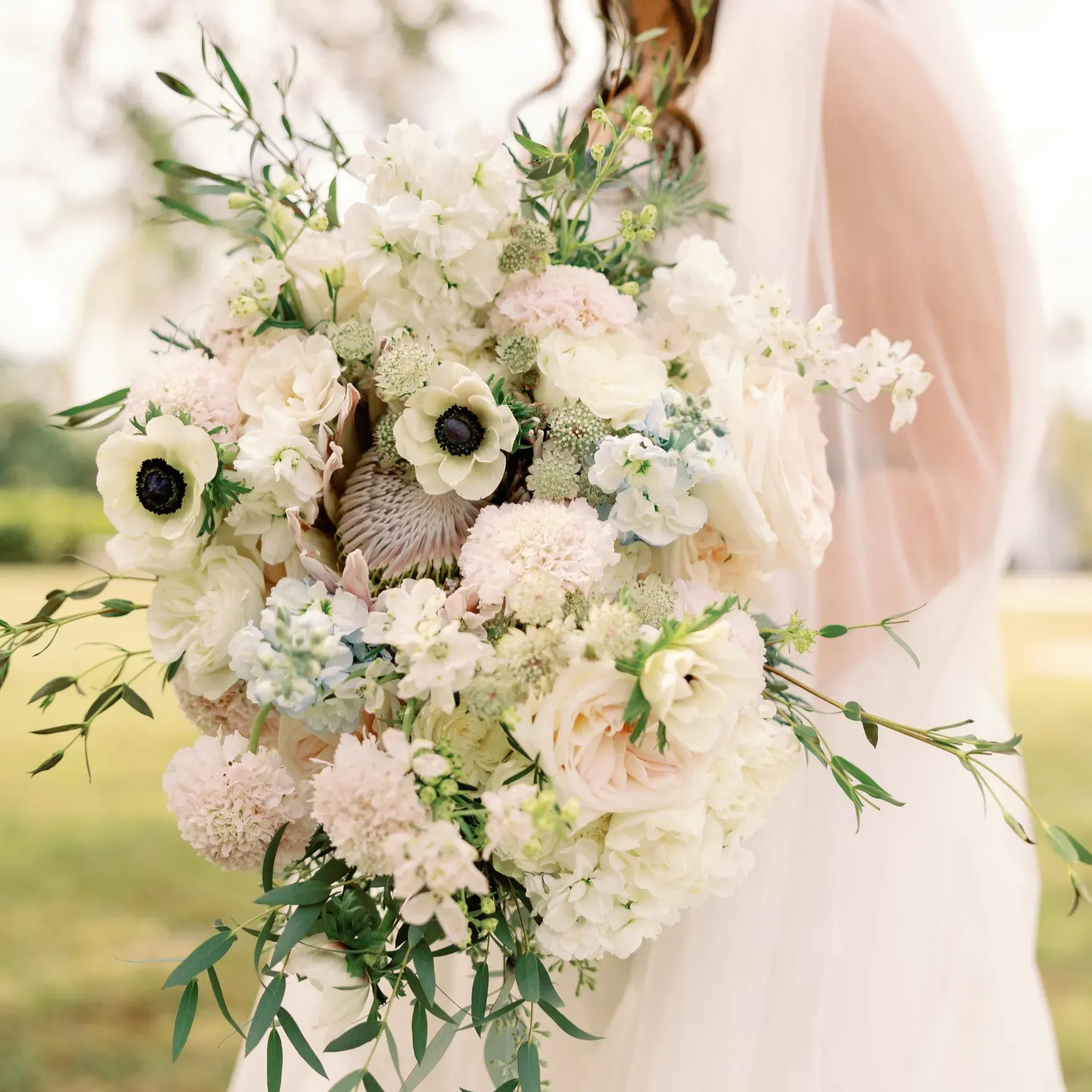 Person holding a large bouquet of white and pale pink flowers with greenery, outdoors in natural light.