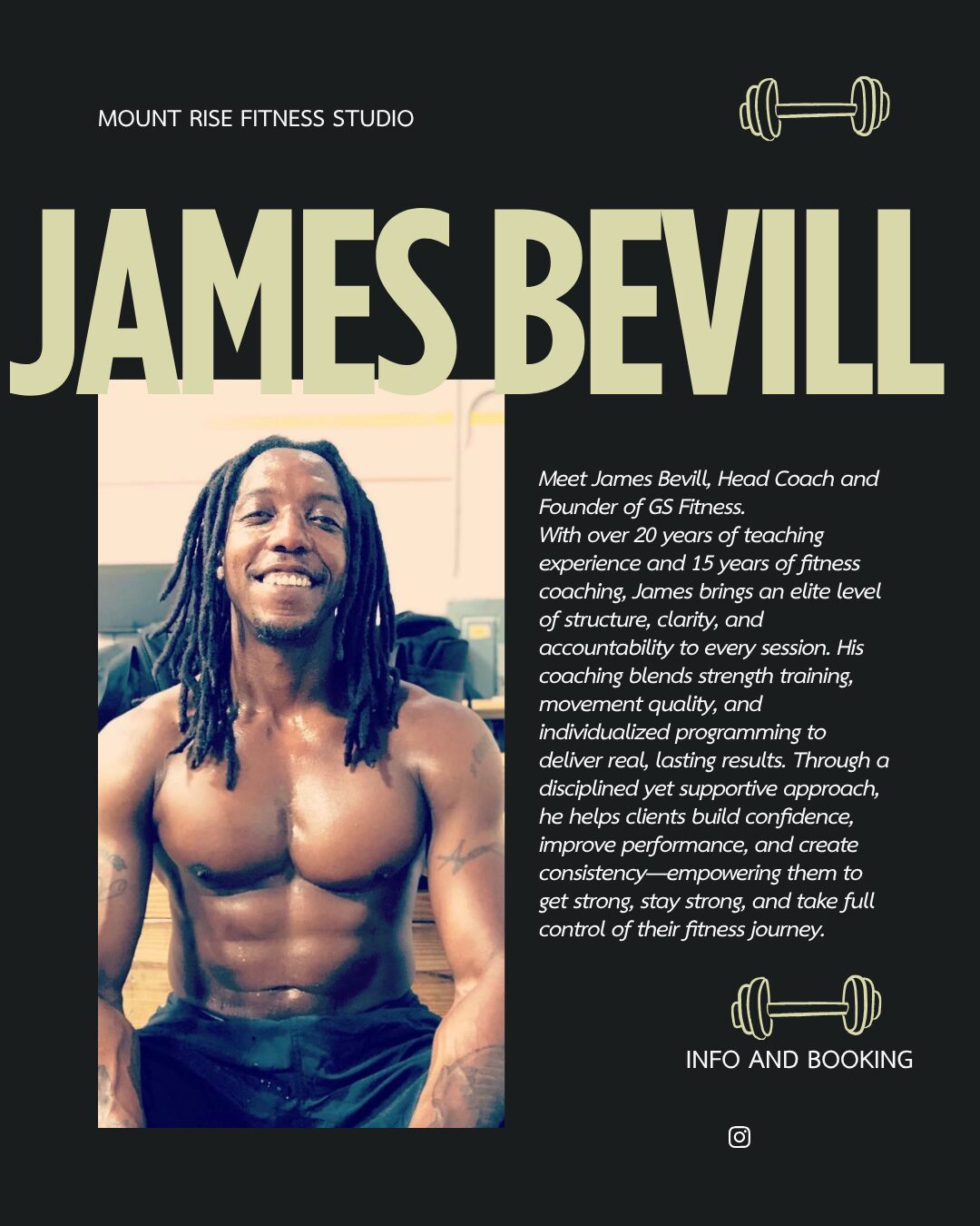 Fitness studio poster featuring James Bevill, shirtless, smiling, with text about his fitness coaching and contact info.