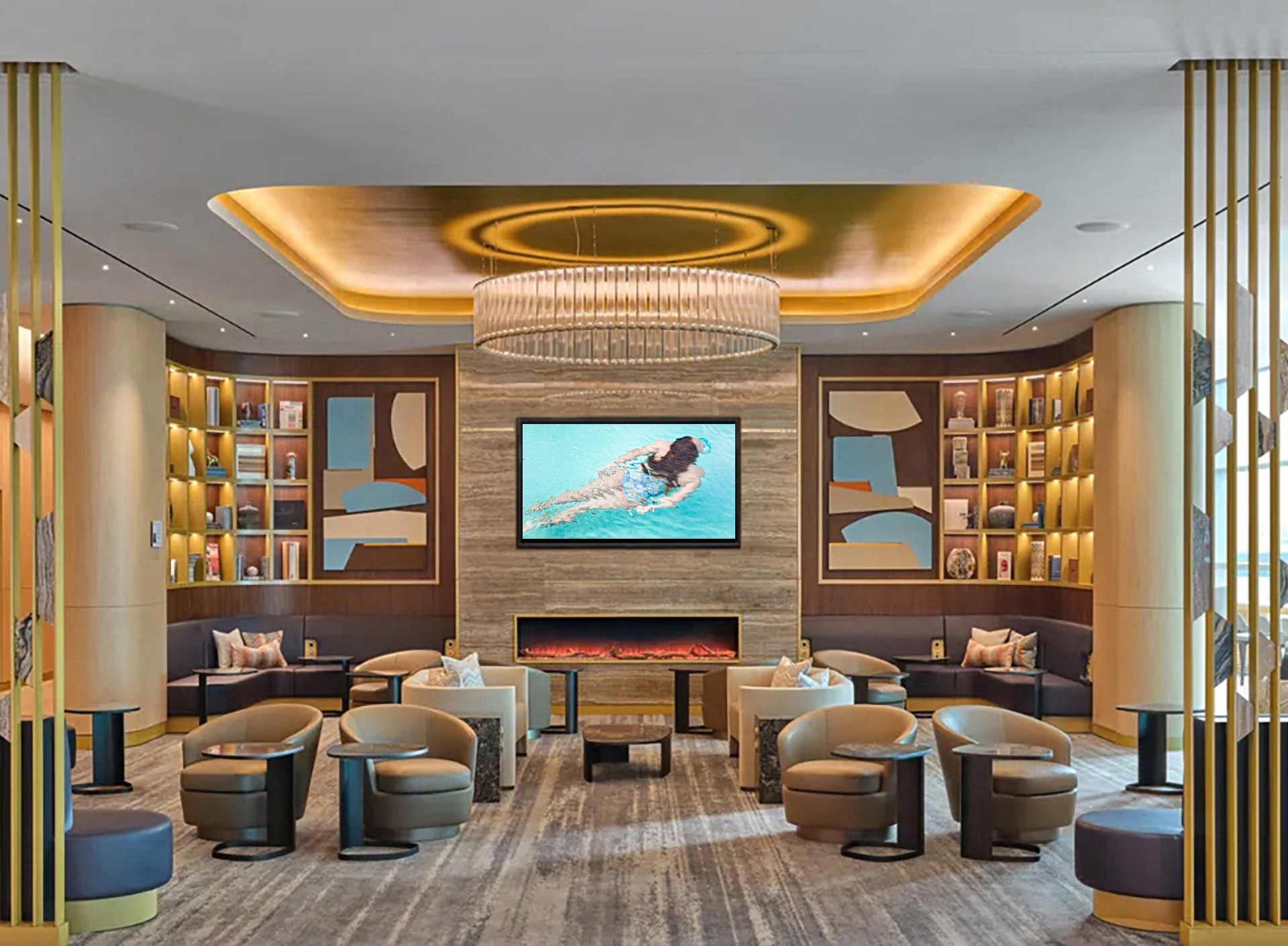 Elegant lounge with central TV, circular chandelier, plush seating, and built-in bookshelves on walls.