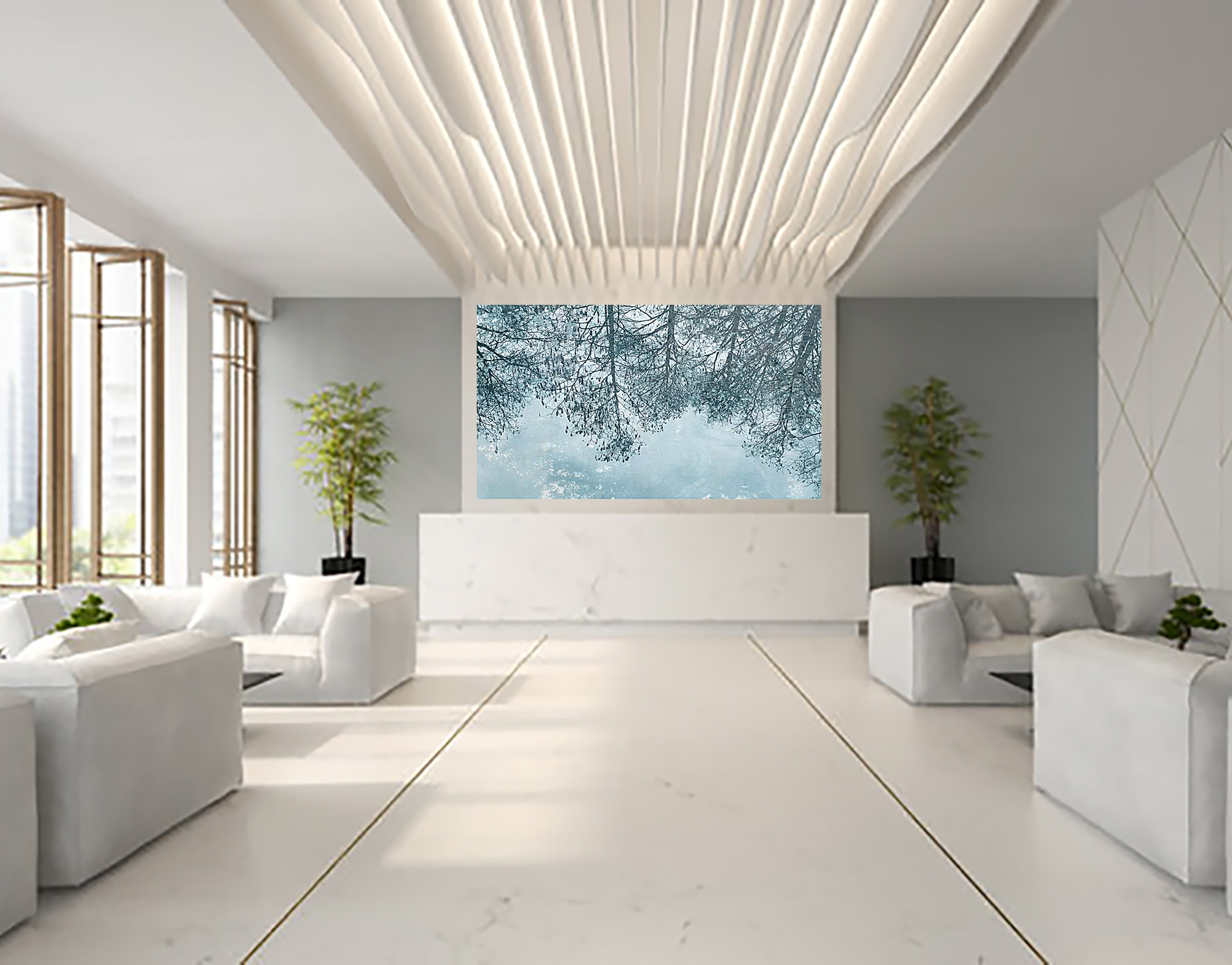 Modern, bright room with white sofas, large windows, and a large window showing trees outside.