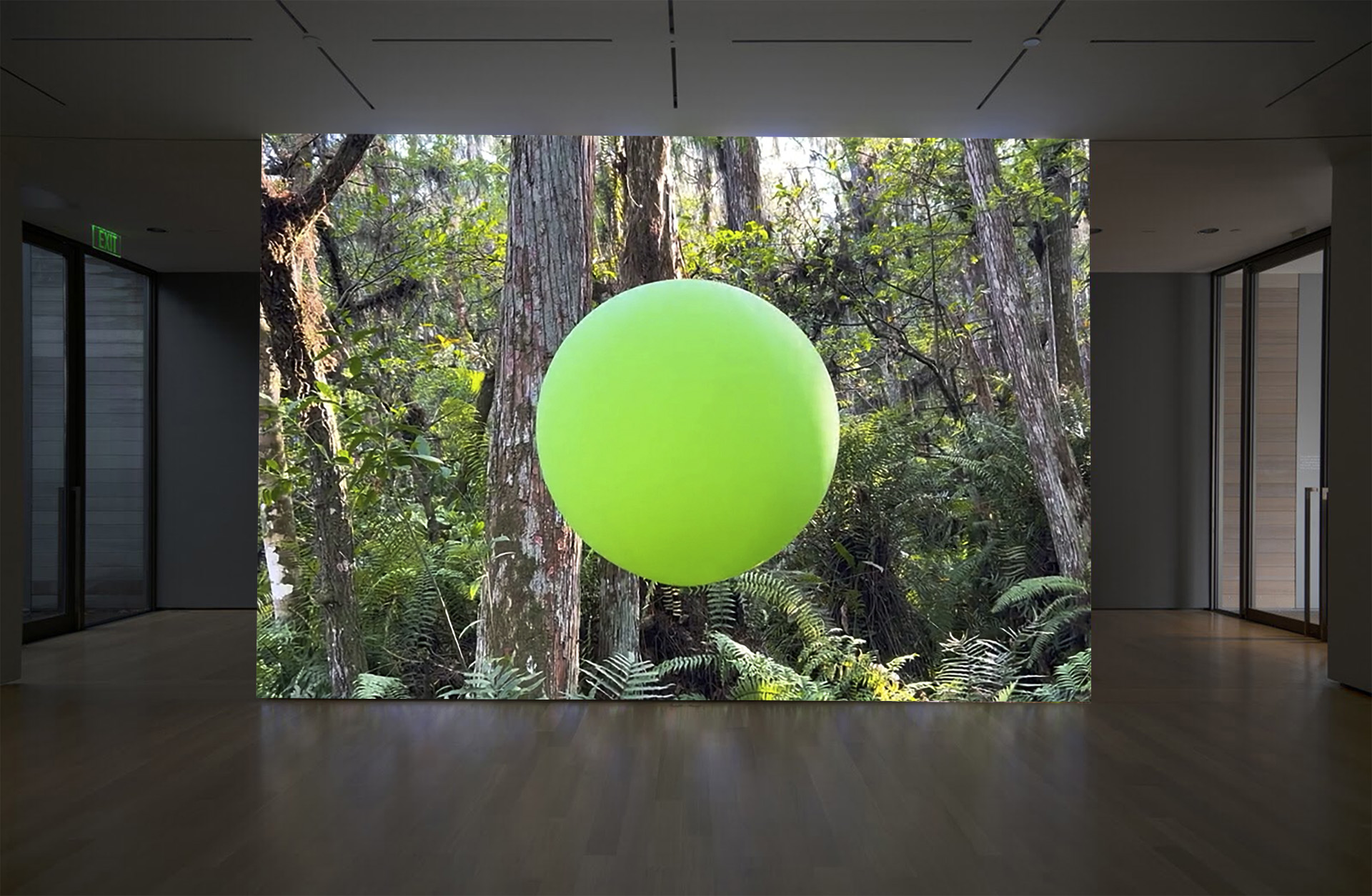 Large green sphere suspended in front of a forest scene with trees and foliage.