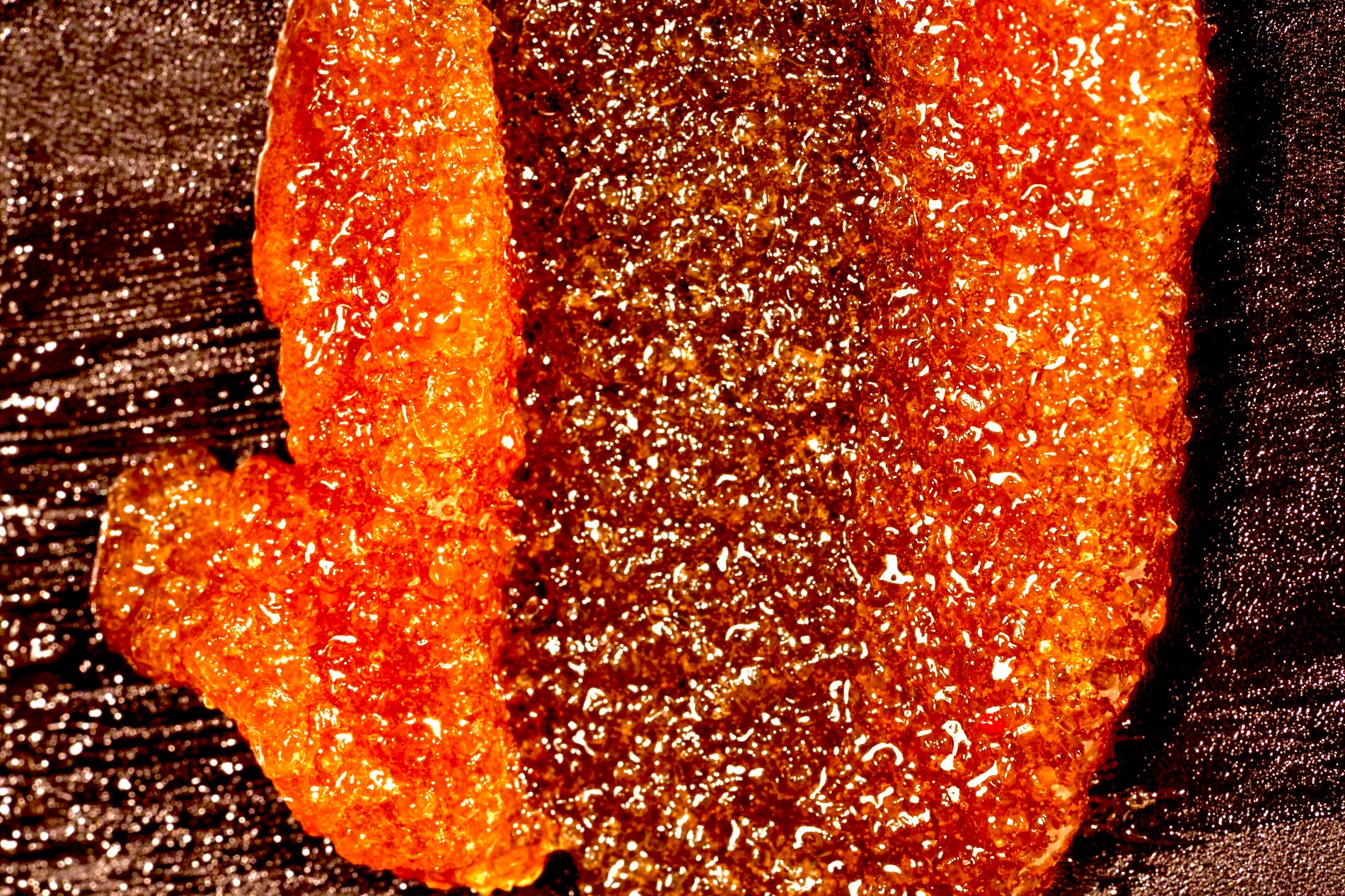 Close-up of a crispy, breaded, fried food item on a dark surface.