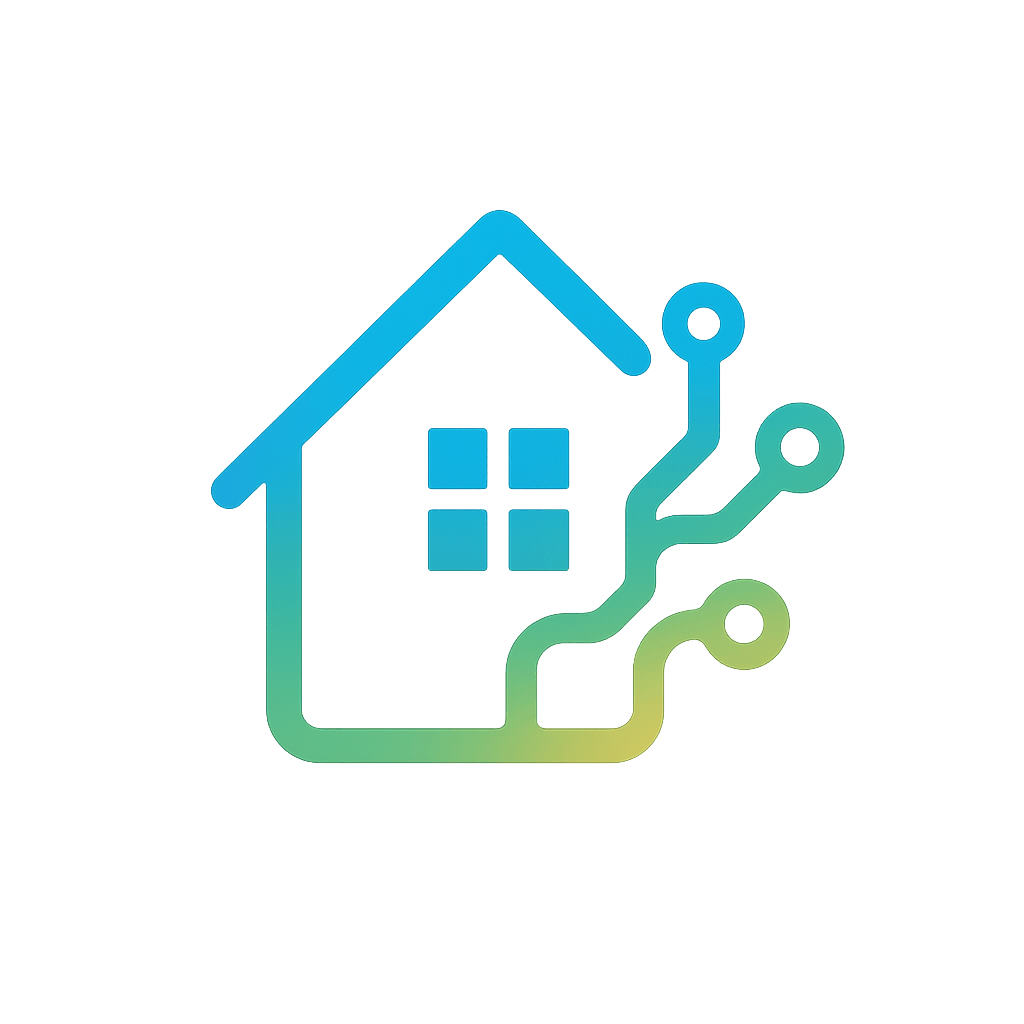 House icon with circuit lines extending from it, on a black background.