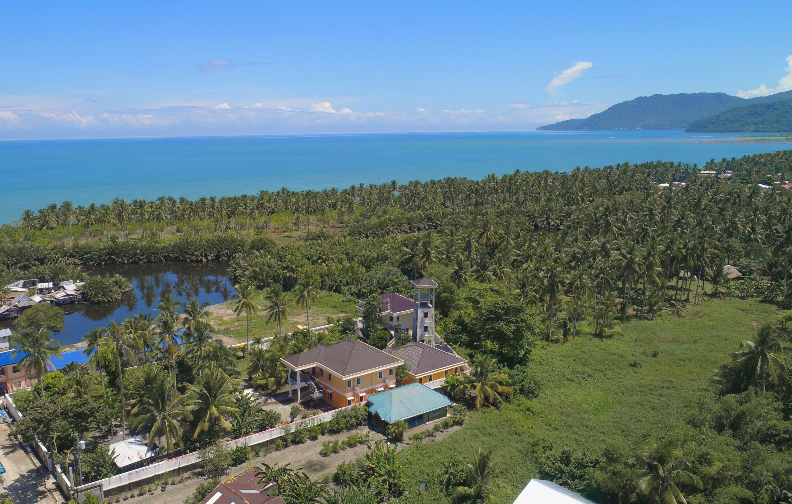 Aerial view of a coastal area with trees, buildings, and a distant ocean and mountain range.