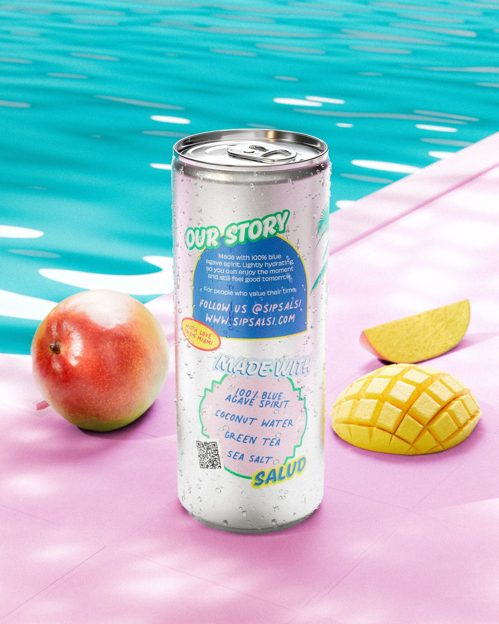 Can of flavored water on pink surface with apple, lemon slice, and mango-shaped object near poolside.