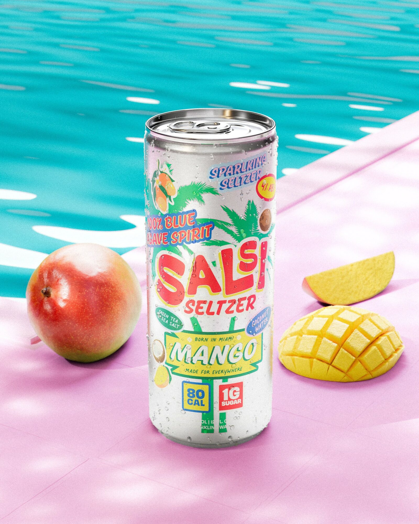 Seltzer can with mango flavor, apple, lemon slices, and a pink surface, water background.