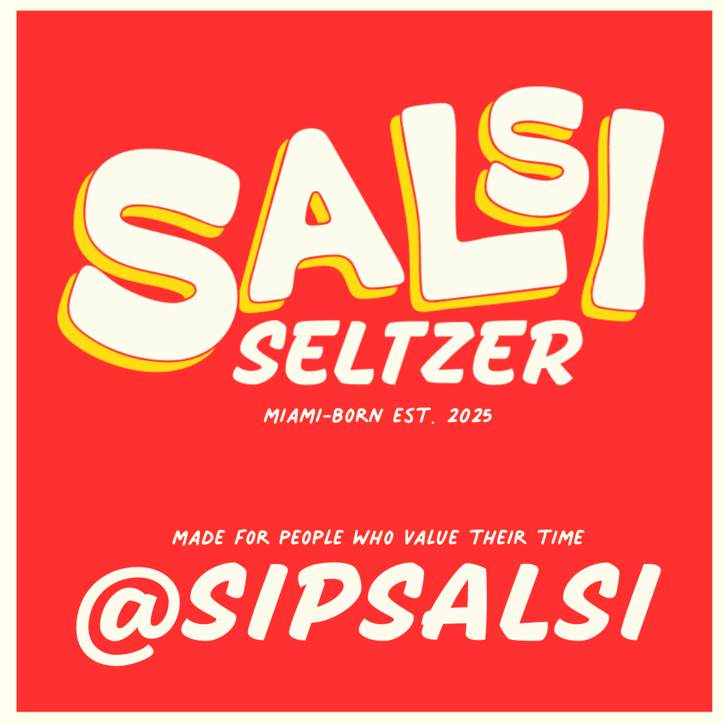 Red background with bold white and yellow text advertising a sale and seltzer brand, including social media handle.