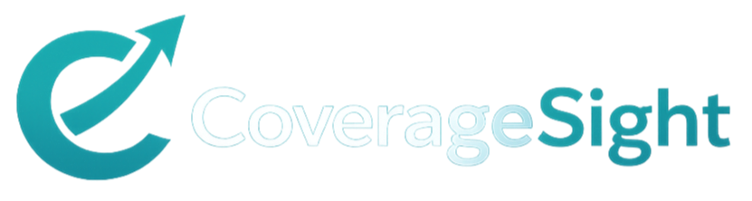 CoverageSight logo with stylized arrow and text on black background.