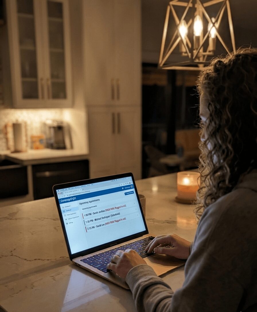 Person with curly hair working on a laptop at a kitchen counter with a lit candle nearby.