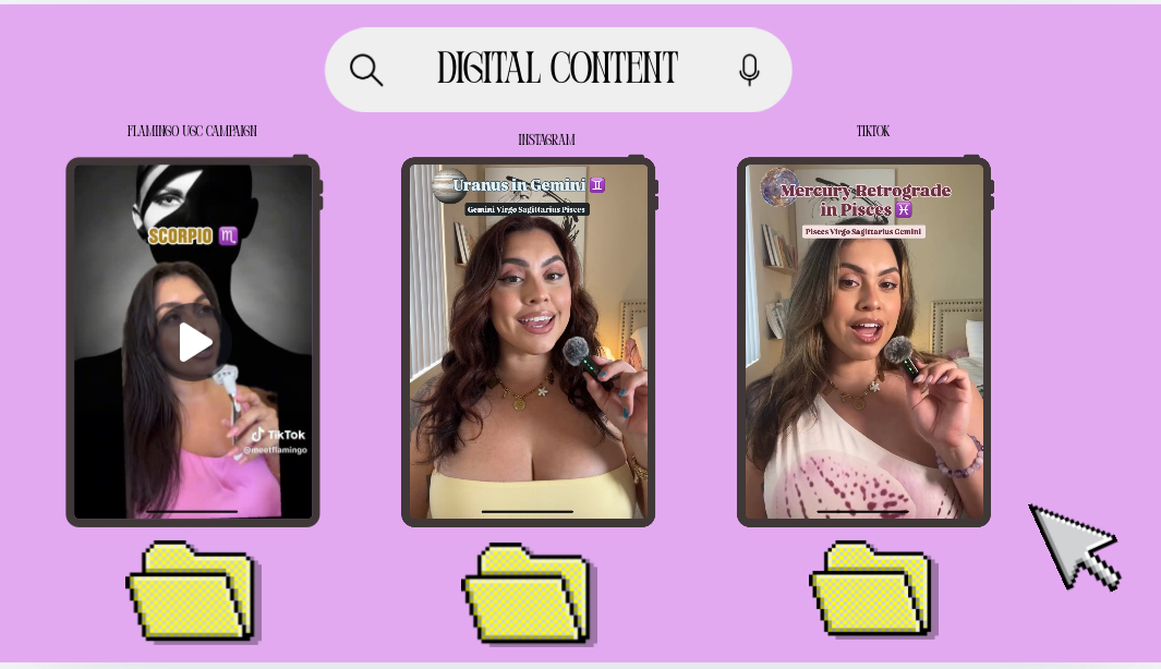 Three smartphone screens with videos of women, purple background, yellow folder icons below, cursor pointing at third folder.