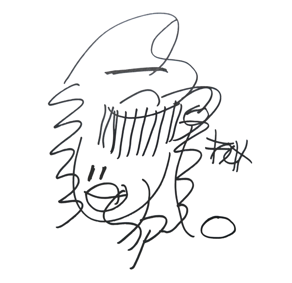 Line drawing of a smiling person with closed eyes, wearing a hat, on a black background.
