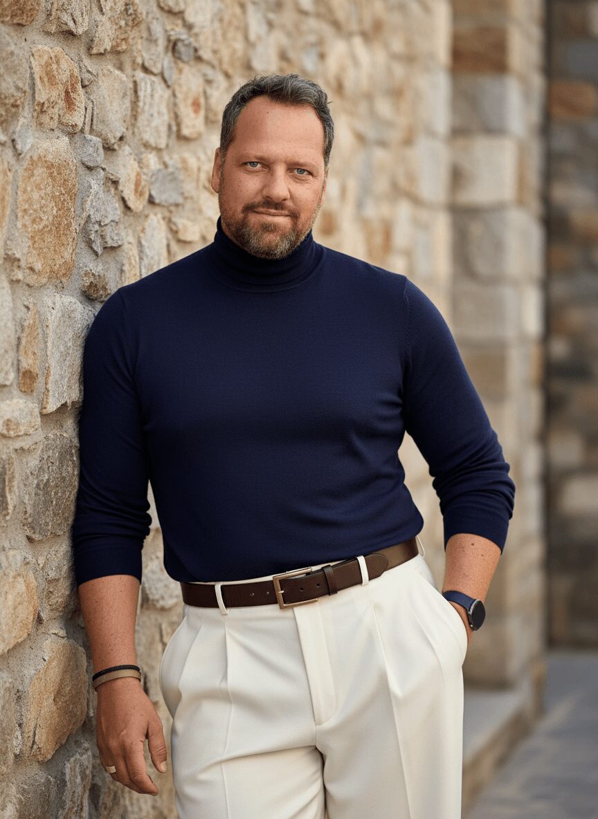 Man with beard in navy turtleneck and white pants standing against stone wall outdoors.