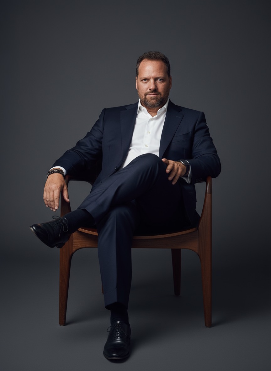 Man in suit sitting with legs crossed on a wooden chair against a dark background.