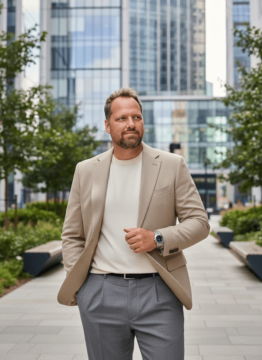 Man with beard in beige blazer and gray pants walking outdoors in an urban area with modern glass buildings.