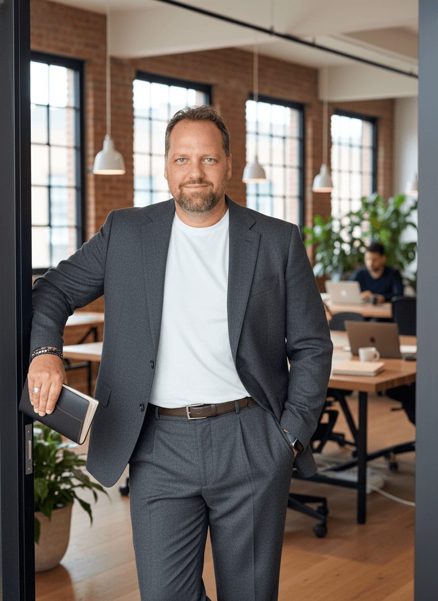 Man in suit standing in modern office with brick walls and large windows, smiling at camera.