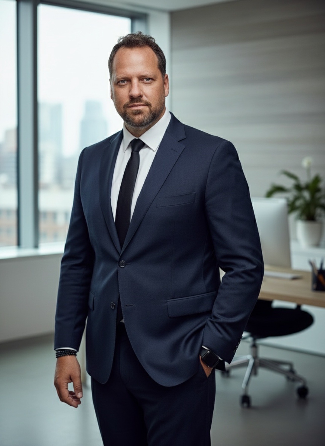 Man in a dark suit and tie standing in an office with large window and city view.