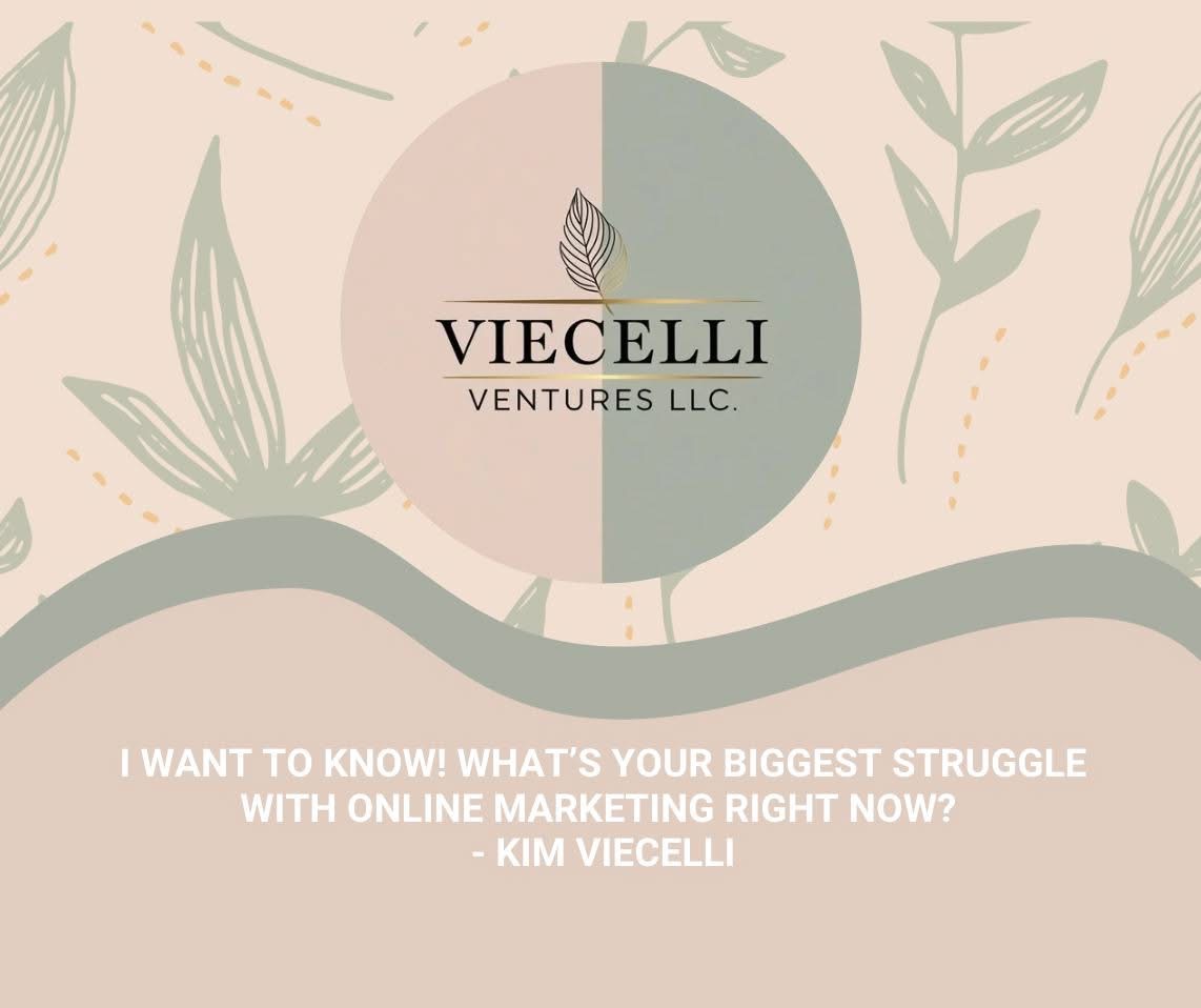 Logo with leaf design and text, background with abstract plant illustrations, quote about online marketing struggles.